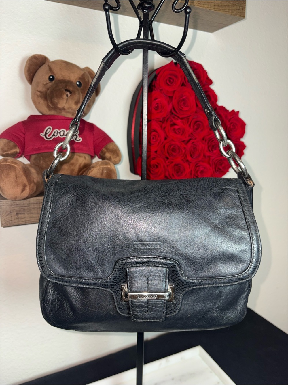 Coach Taylor Black Leather Buckle Flap Shoulder Bag - Classic Everyday Style